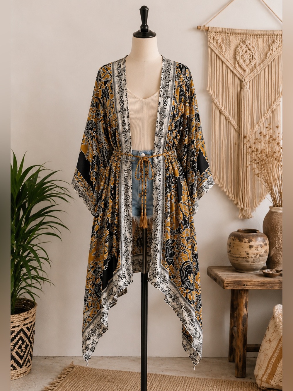 DIDI Pretty Different Boho Festival  Kimono Duster One Size Mustard Black”